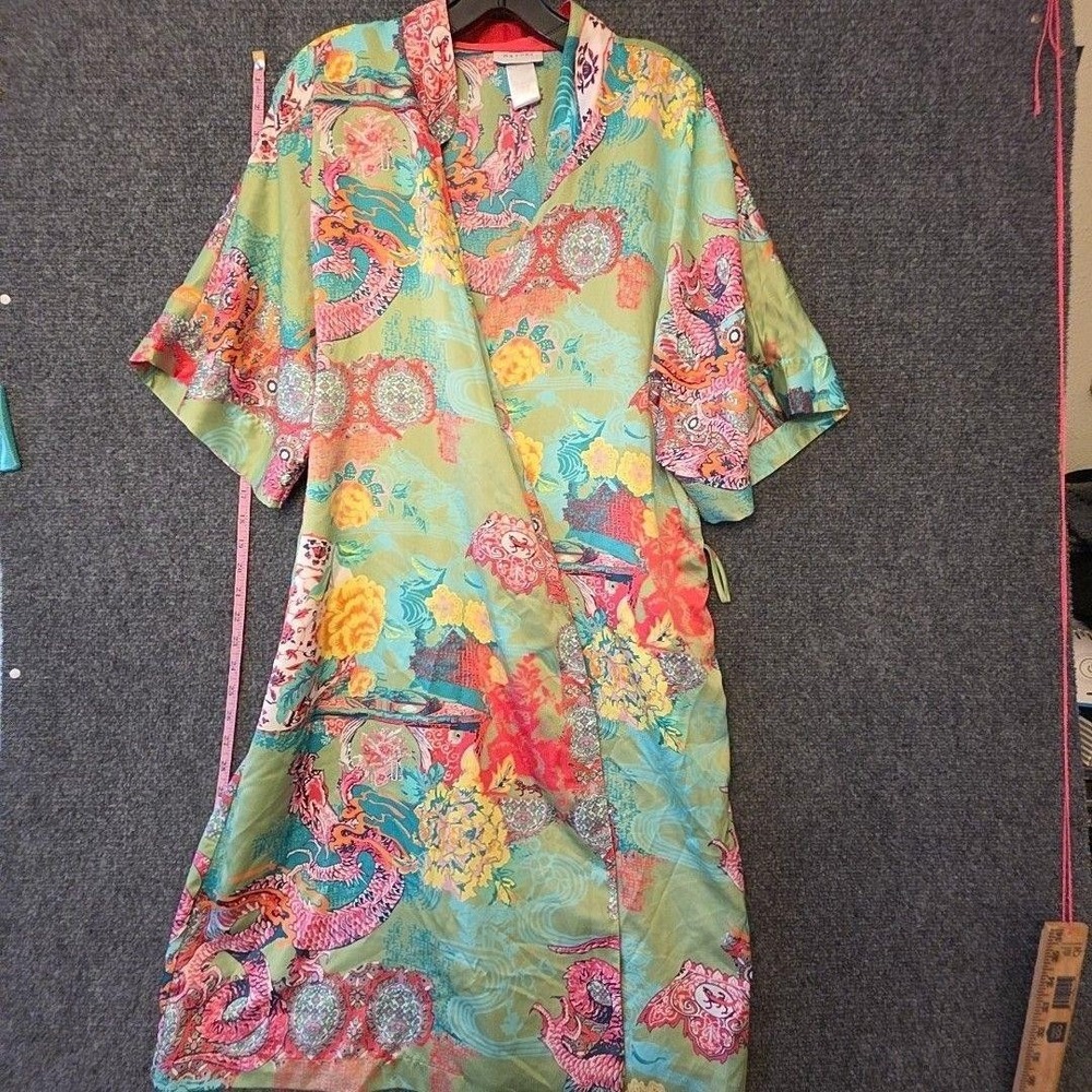 Natori Robe Womens Large Multicolor Dragon Floral Satin Kimono Short Sleeve